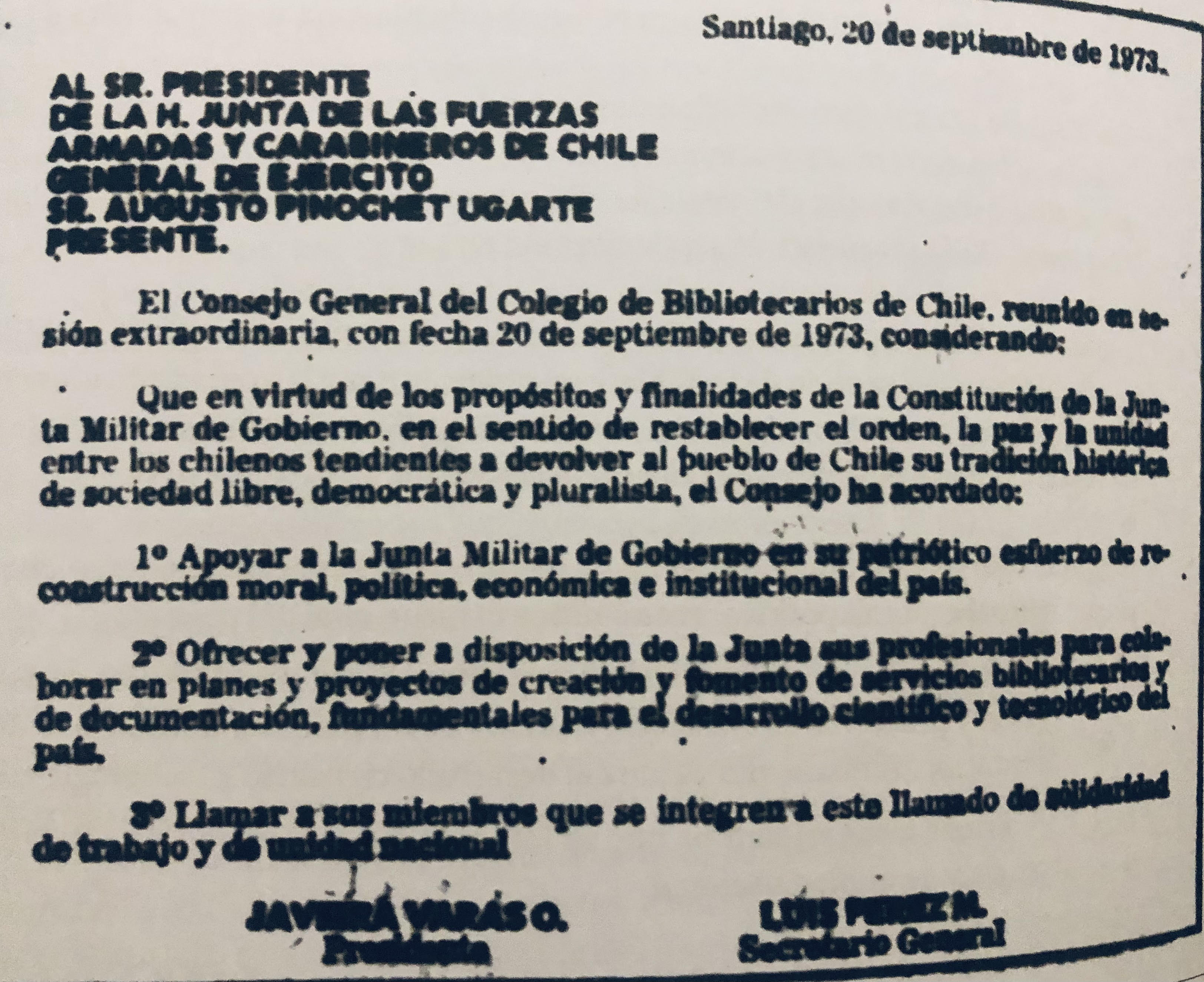 Fuente: El Mercurio. (20 de septiembre de 1973). Al Sr. Presidente. Santiago, Chile: El Mercurio [Diario].